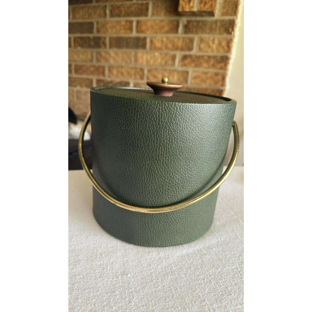 Vintage MCM Retro Ice Bucket Olive Green Faux Leather Gold Tone Barware 7.5in
